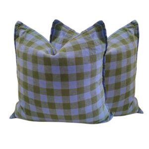 Pair Vintage Washed Linen Cushion Pacific Blue & Garden Grove Check