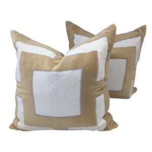 Pair Cushion Taupe velvet w white linen