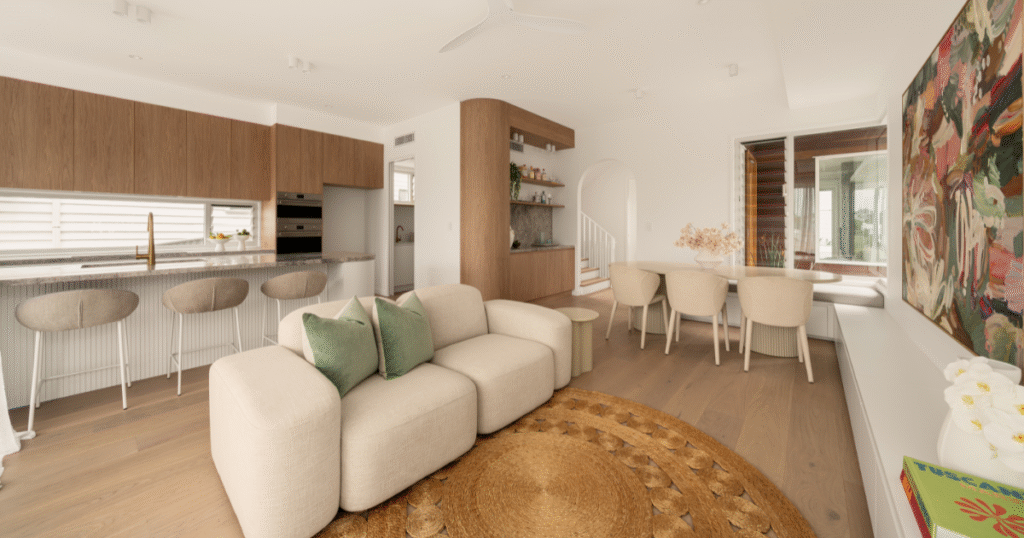 Texture and form communicate beautifully in this layered, curated property styling example, using commercial furniture hire.