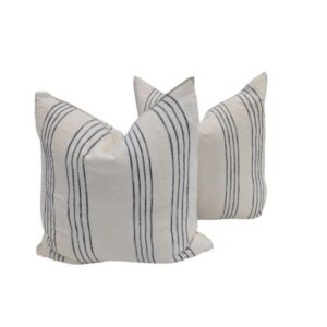 Pair Cushion white with navy stripe Linen