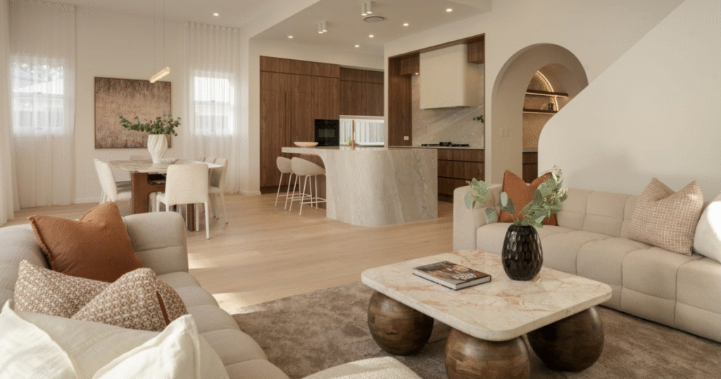 Blog Images (30) An open concept living and dining area, defined by rich walnut finishes and architectural curves.
