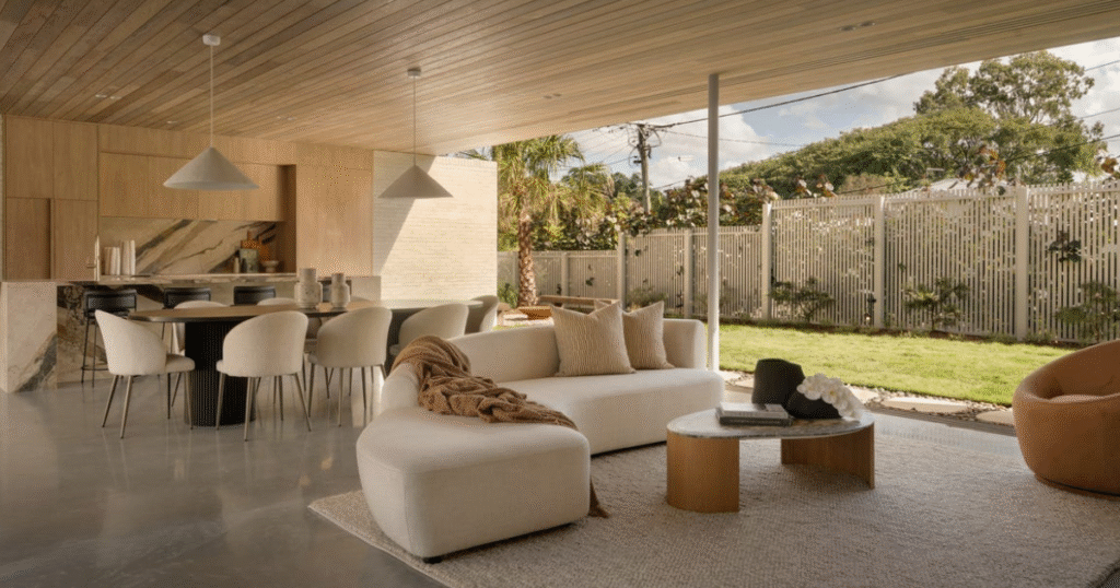 Blog Images (31) Open living, dining and outdoor alfresco, adorned with premium furniture hire and expert styling to create an aspirational living space.